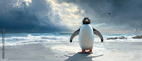 Obraz na płótnie A penguin stands on a sandy beach with ocean waves and cloudy sky. w salonie