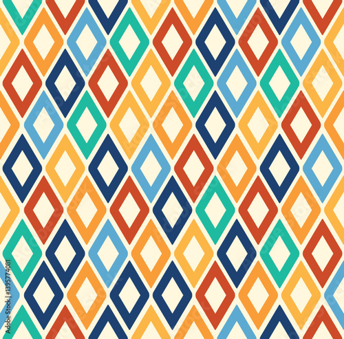 Circus harlequin patterns, rhombus lozenge pattern with diamond-shaped motifs in contrasting colors. Vector visually striking and repetitive tile design associated with traditional theatrical costumes