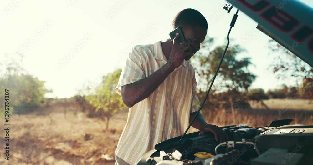 Man, vehicle breakdown and phone call outdoor for travel fail, roadside assistance and engine problem. Motor check, black person and talking to mechanic for car advice, fuel issue or emergency crisis