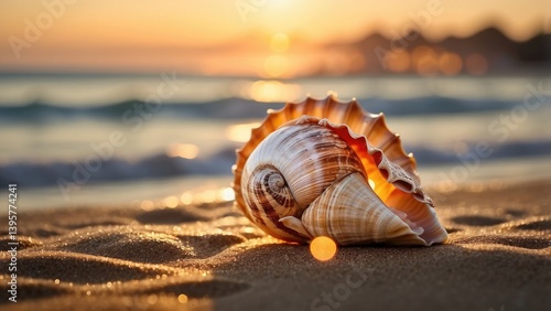 Fototapeta Naklejka Na Ścianę i Meble -  Close-up of a patterned seashell on sandy beach during sunset with bokeh light effects.