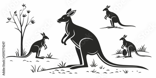 Kangaroo Family Black & White Silhouette Vector Illustration Australian Wildlife Nature