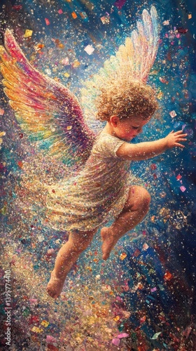 Obraz na płótnie Angelic child with rainbow wings reaching out in a starry sky background. w salonie
