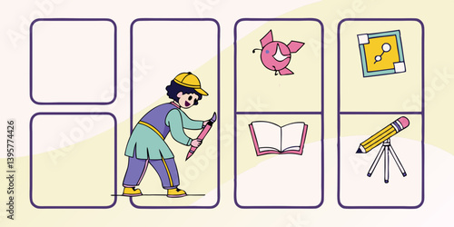 Vector Cartoon Girl Drawing Book Piggy Bank School Supplies with Pencil - School Image