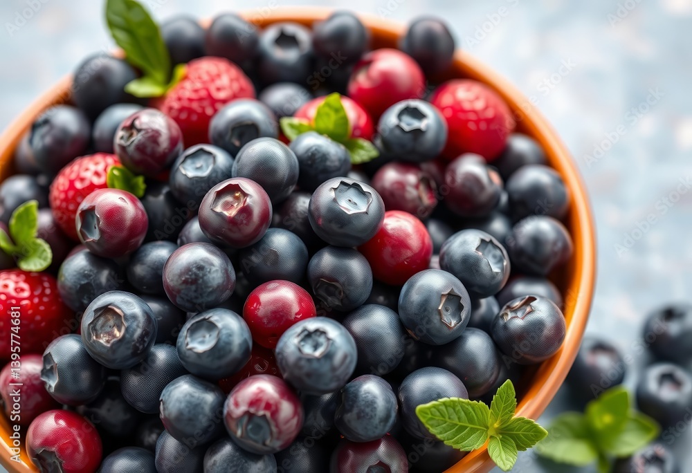 A vibrant bowl overflowing with plump, juicy blueberries, some spilling over the edge, bowl of blueberries, fresh A vibrant bowl overflowing with plump, juicy blueberries, some spilling over the edge, bowl of blueberries, fresh