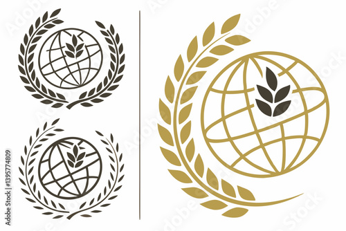 Agriculture Food Globe Wheat Laurel Wreath Vector Logo