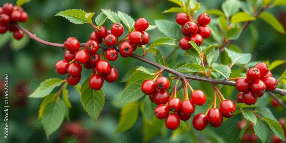 A vibrant branch laden with bright red goji berries and lush green leaves, red fruit, vitamin A vibrant branch laden with bright red goji berries and lush green leaves, red fruit, vitamin