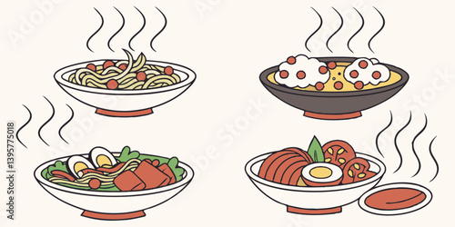 Hot Steaming Cartoon Bowls of Dishes Spaghetti Rice Soup Noodles Vector Illustration