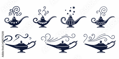 Magic Genie Lamp Vector Silhouettes Set Aladdin Lamps Illustrations Graphic Symbols Design
