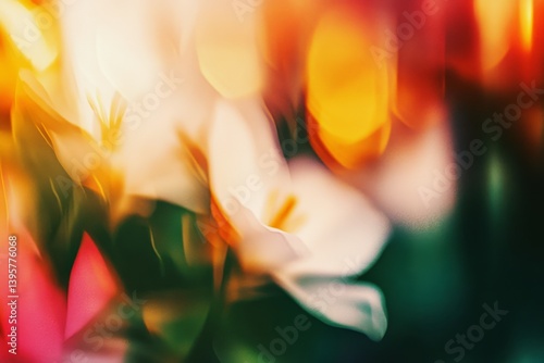 Dreamy soft-focus floral background with glowing light leaks, retro color fades, ethereal bokeh photo overlay, use as screen filter