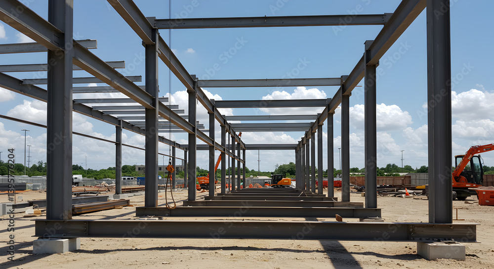 Steel Frame Structure Under Construction In A Building Site Outdoors Steel Frame Structure Under Construction In A Building Site Outdoors