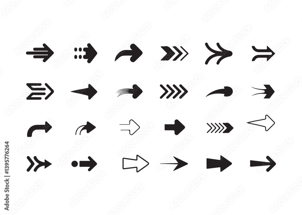 Naklejka premium Collection of various black arrow icons on white background.