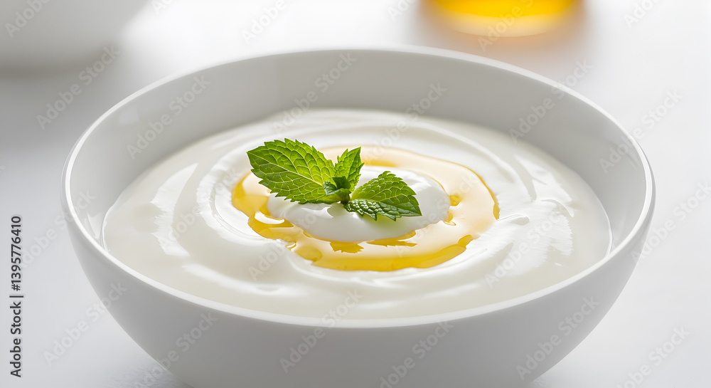 Plain Yogurt With Honey Drizzle And Mint Leaf For Adobe Stock Plain Yogurt With Honey Drizzle And Mint Leaf For Adobe Stock