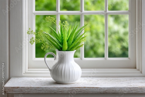 A pot of aloe vera growing healthily on a rustic windowsill