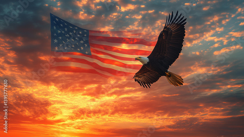 American eagle soaring against sunset with flag background  