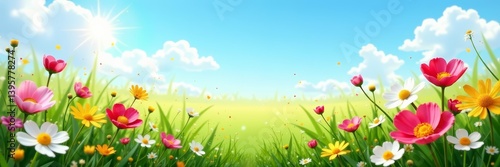 A vibrant spring meadow filled with natural flowers under a clear blue sky, flowers, clear sky, vibrant