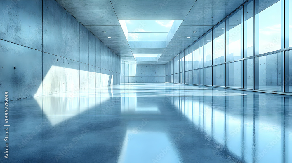 Obraz premium Modern Concrete Hallway With Reflective Floor and Skylights