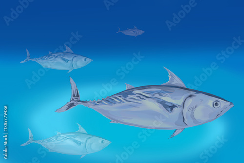 a school of tuna swimming in the depths of the blue sea