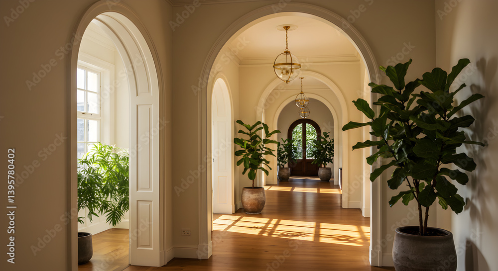 Sunlit Hallway with Arched Doorways and Potted Fiddle Leaf Fig Plants Sunlit Hallway with Arched Doorways and Potted Fiddle Leaf Fig Plants