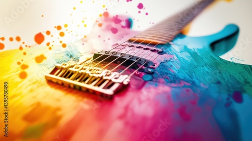 Colorful electric guitar, paint splash background, music, studio shot, album art