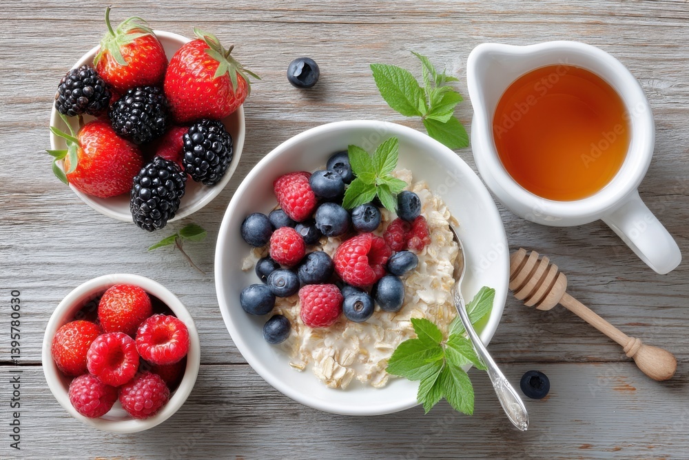 Healthy breakfast with oatmeal, fresh berries and honey on wooden table Healthy breakfast with oatmeal, fresh berries and honey on wooden table