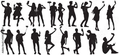 Vector set of people taking selfies in a simple silhouette style vector