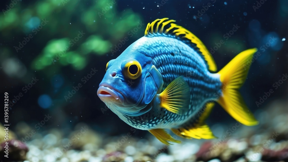 A vibrant blue fish with distinctive yellow spots and a yellow-fringed fin is shown in close-up. A vibrant blue fish with distinctive yellow spots and a yellow-fringed fin is shown in close-up.