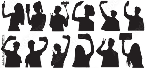 People Taking Selfie silhouettes set isolated on white background vector illustration