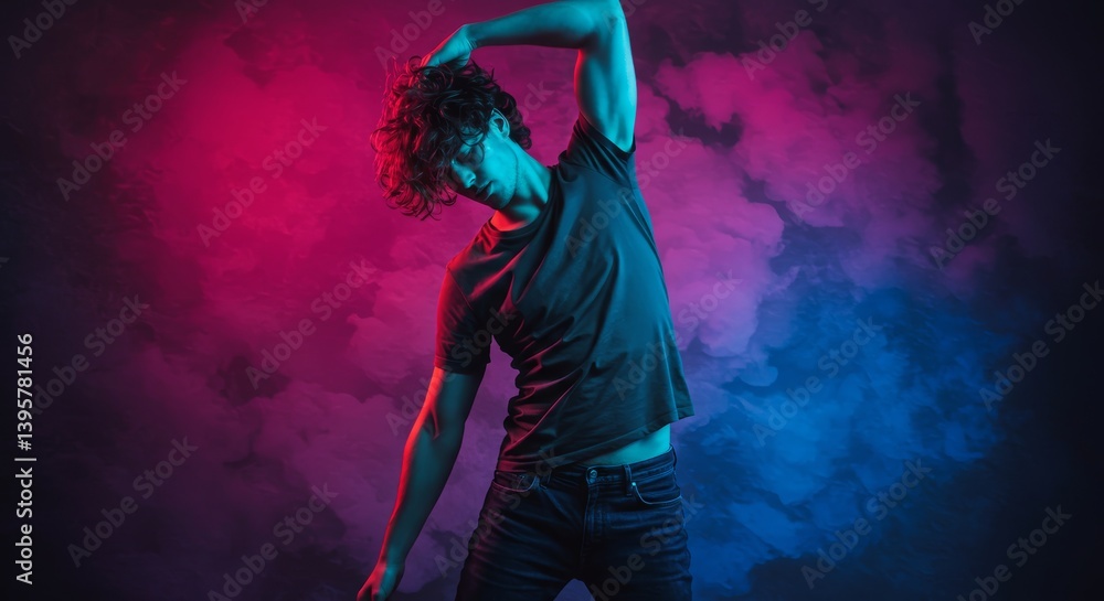 Contrasting colors on model posing in studio with smoke and modern lighting Contrasting colors on model posing in studio with smoke and modern lighting