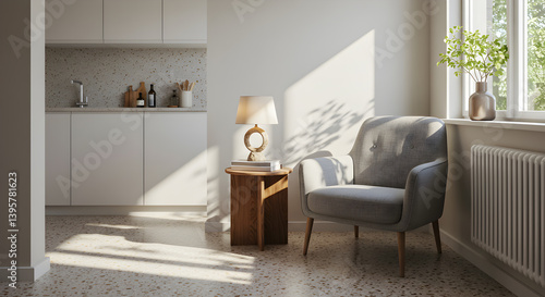 Sunlit Reading Nook Adjacent To Minimalist Kitchen Interior Design