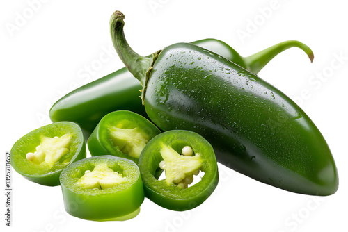 Fresh Green jalapeno, Peppers Sliced and Whole, Perfect for Spicy Food or Ingredient Photography