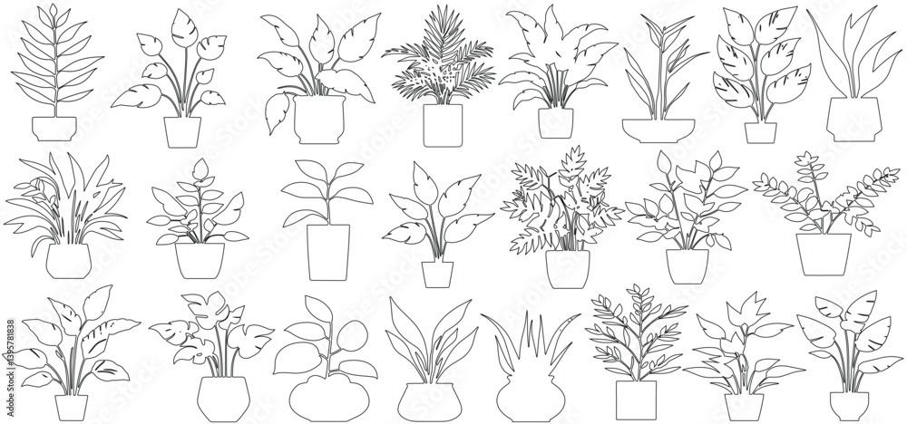 Fototapeta premium Houseplants set of outline drawings plants, Set of plant in pot hand drawn vector illustrations house plant, home decoration vector illustration