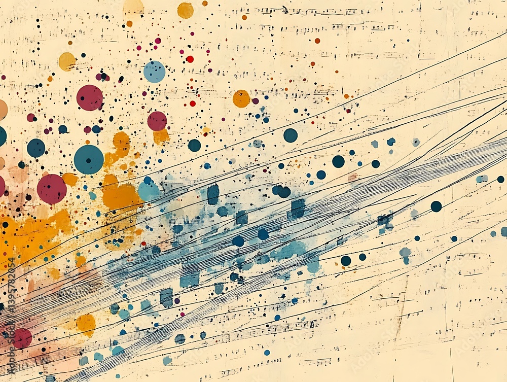 A vibrant abstract musical composition with splashes of color and lines.