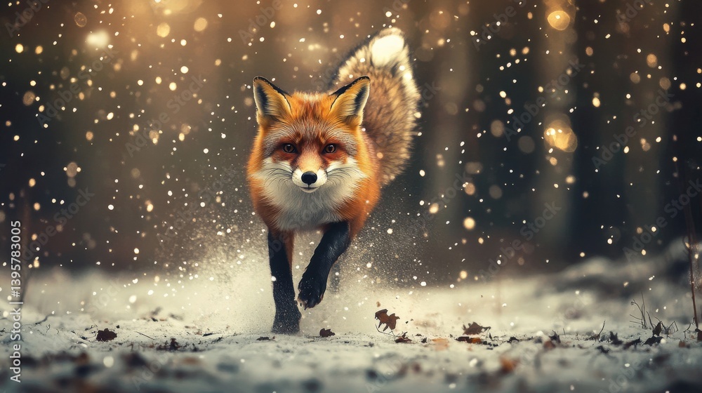 Fototapeta premium A red fox runs forward across a snowy winter landscape
