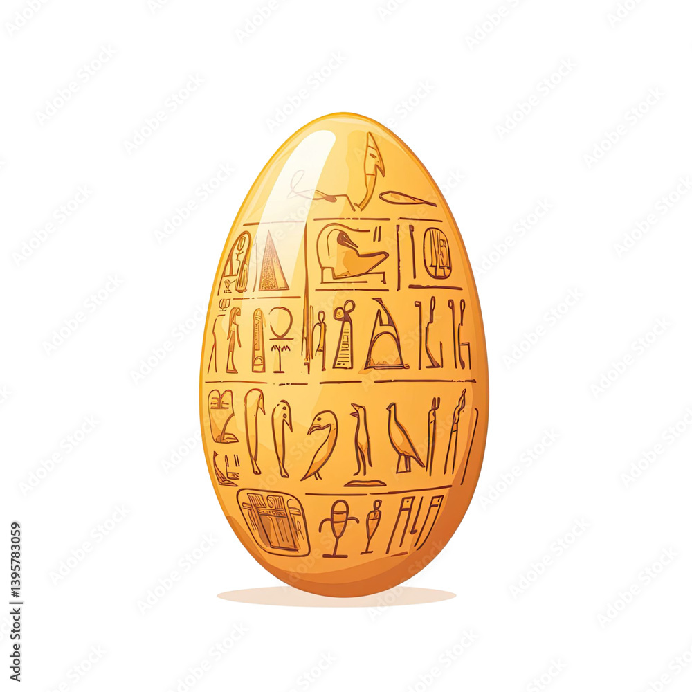 Cartoon illustration of an egg-shaped object featuring hieroglyphic symbols. The object has a shiny golden surface, with detailed ancient Egyptian writings Cartoon illustration of an egg-shaped object featuring hieroglyphic symbols. The object has a shiny golden surface, with detailed ancient Egyptian writings
