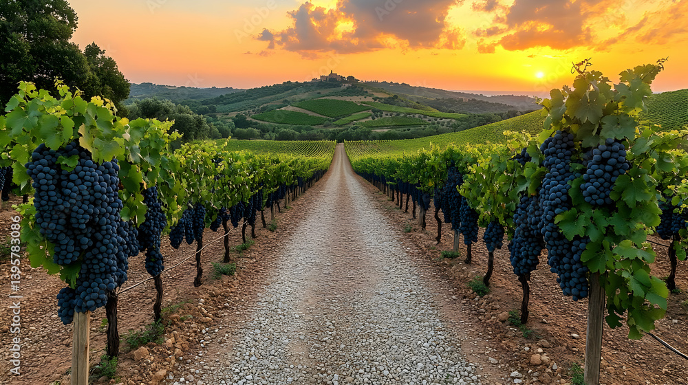 Naklejka premium Picturesque Vineyard Path at Sunset