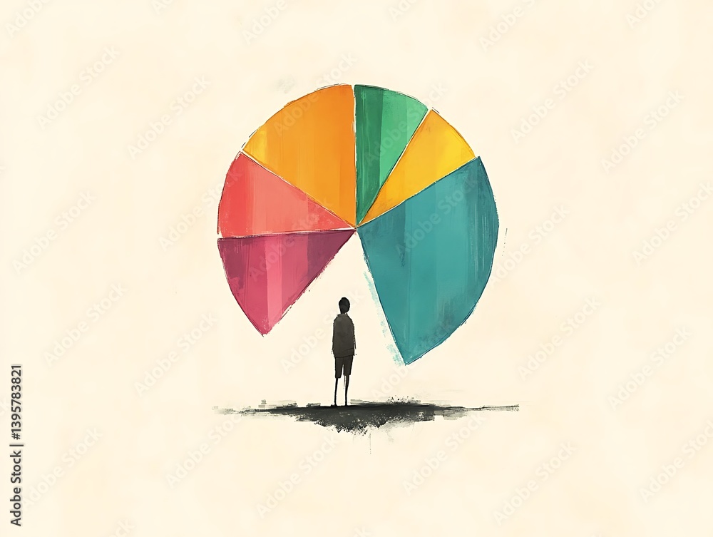 A solitary figure confronts a vast, colorful pie chart.