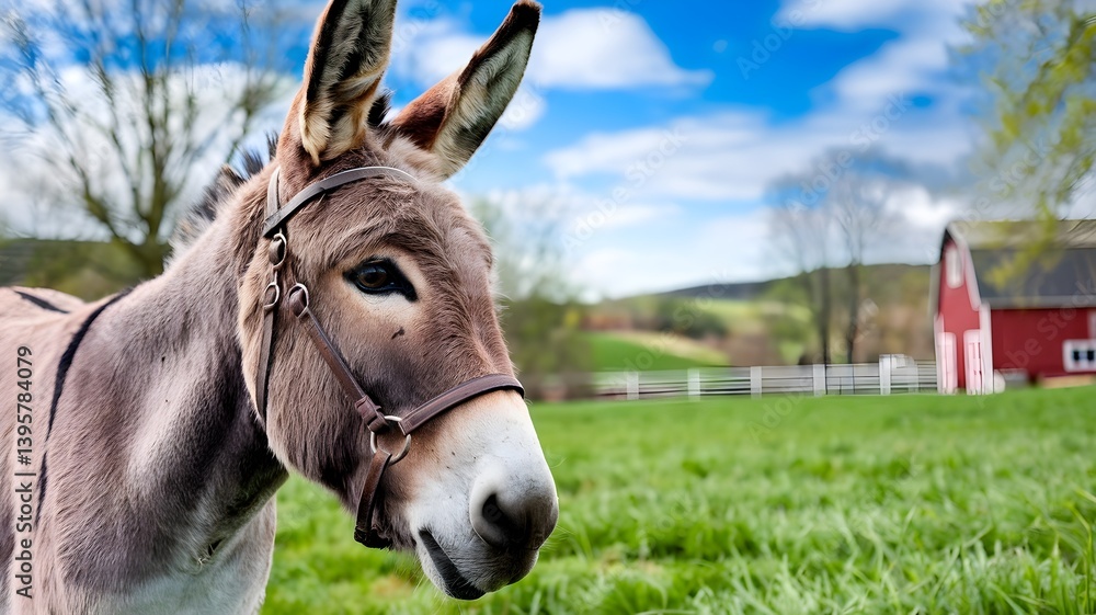 Portrait of a Harnessed Donkey in a Rural Landscape Portrait of a Harnessed Donkey in a Rural Landscape