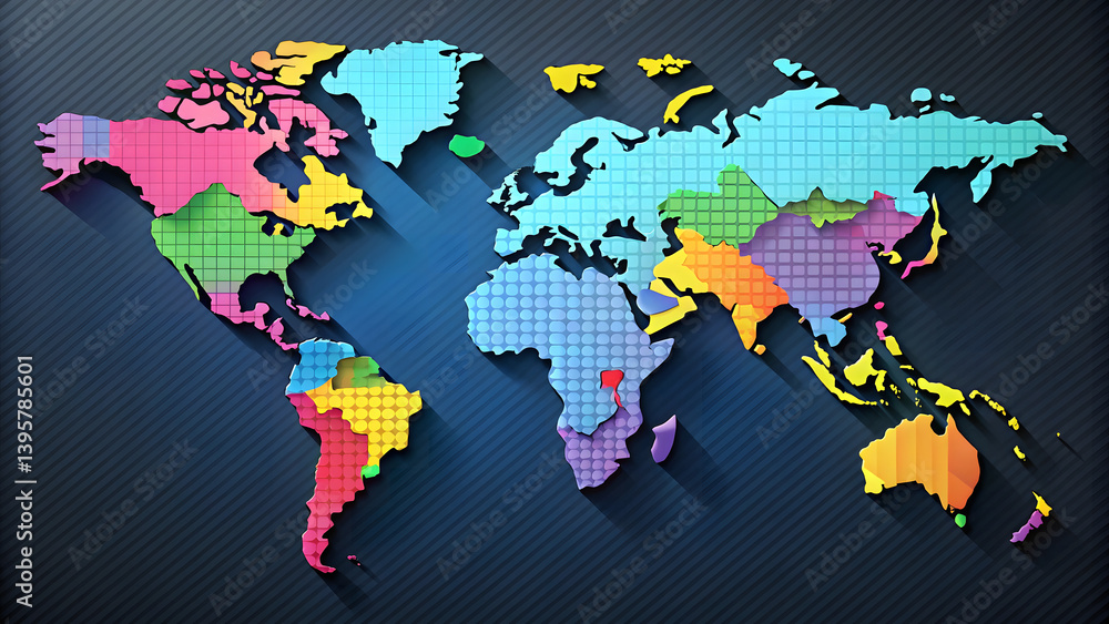 Obraz premium Colorful 3D grid world map with separated regions and vibrant tones on digital blue background