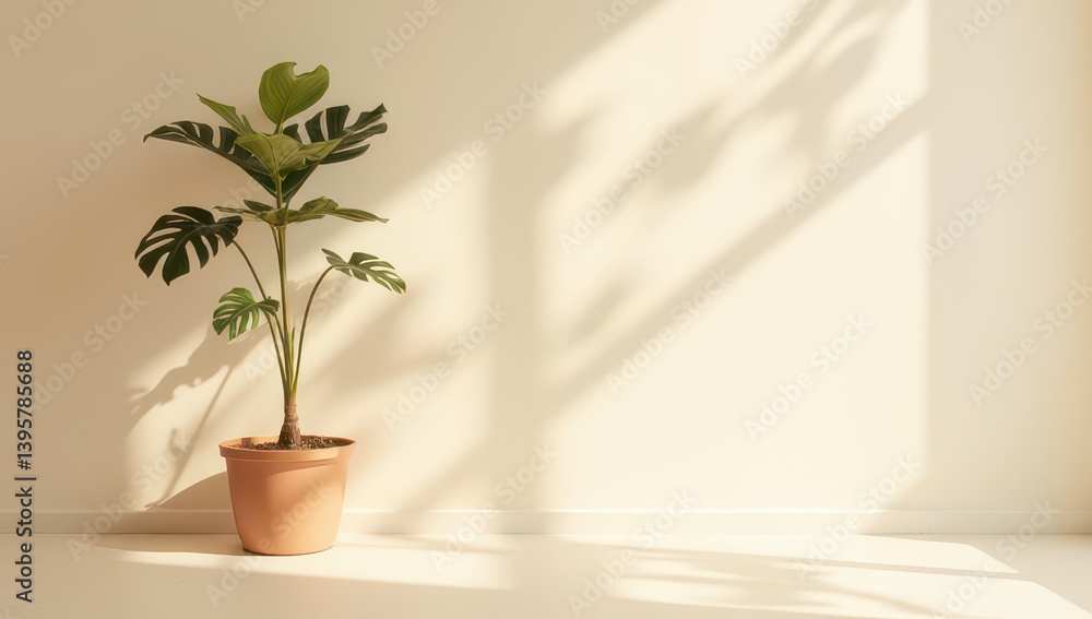 Fototapeta premium Monstera Plant in Pot, Sunlight Shadow on Wall