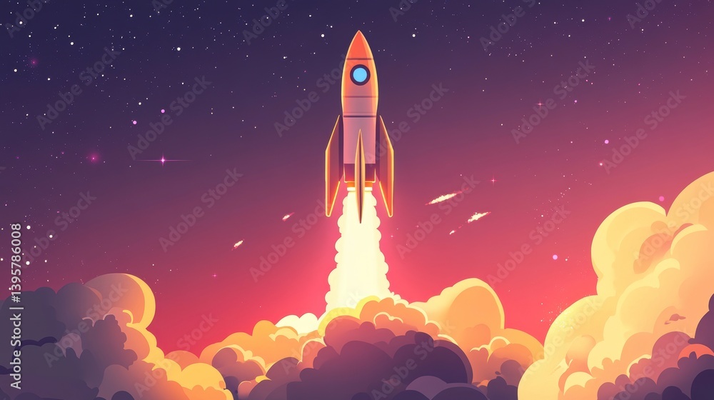 Fototapeta premium Rocket launching into space, breaking through clouds at sunset.