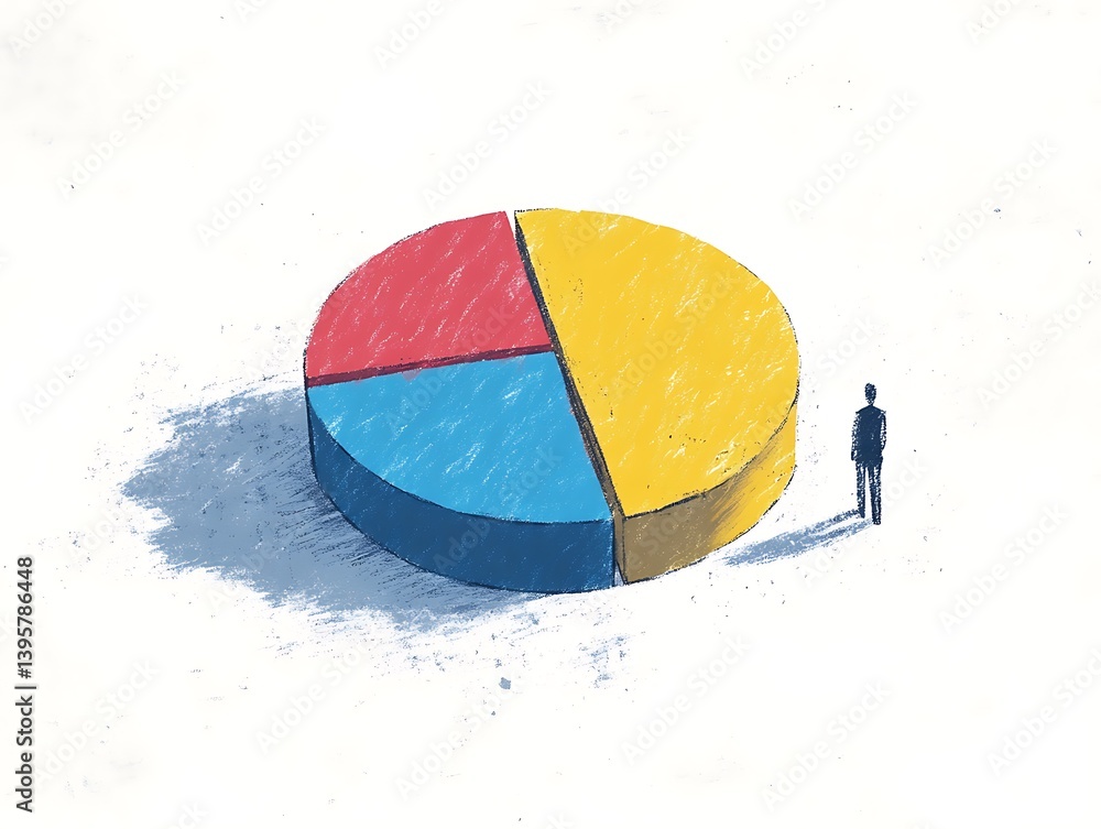 A large pie chart overwhelms a small figure, symbolizing the overwhelming nature of data.