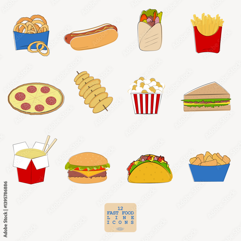 12 colorful fast food line icons 12 colorful fast food line icons