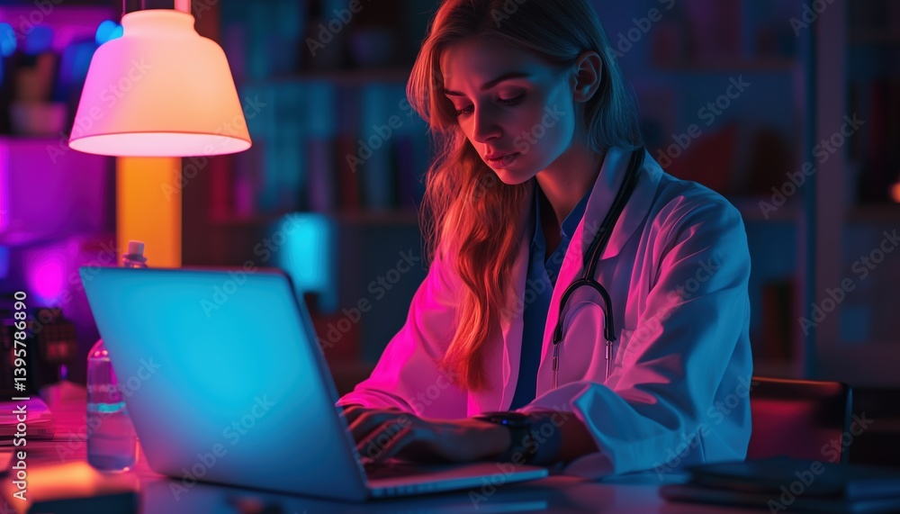 Female Doctor Multitasking With Laptop And Tablet In Doctor'S Office, Medical Student Also Using Computer - Healthcare And Medicine Theme. Female Doctor Multitasking With Laptop And Tablet In Doctor'S Office, Medical Student Also Using Computer - Healthcare And Medicine Theme.