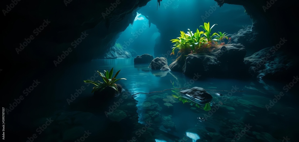 Obraz premium Dark, still water reveals submerged plants and rocks in a mysterious cave, cave diving, nature photography