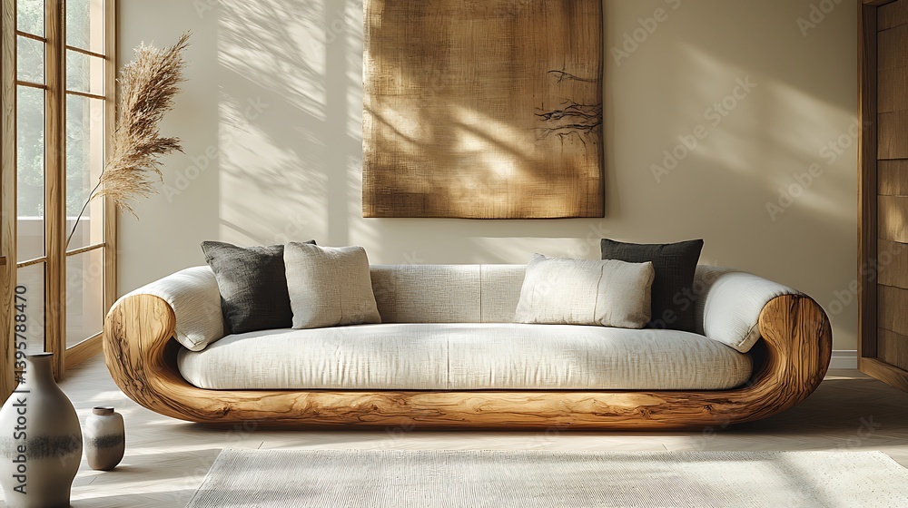 Natural Light Enhances Minimalist Living Room with Wooden Sofa and Decorative Artwork Creating a Cozy Atmosphere.