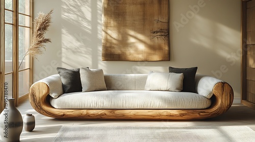 Obraz na płótnie Natural Light Enhances Minimalist Living Room with Wooden Sofa and Decorative Artwork Creating a Cozy Atmosphere. w salonie