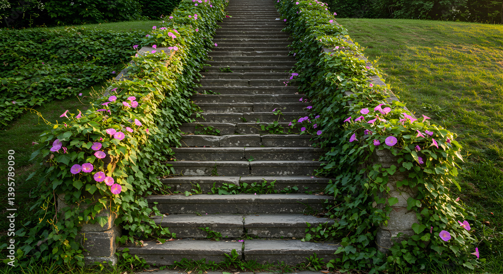 Stone Staircase Engulfed by Twisting Ivy and Morning Glory Blooms Stone Staircase Engulfed by Twisting Ivy and Morning Glory Blooms