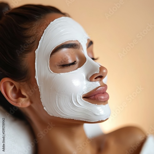 Young woman wearing white facial mask enjoys spa treatment. Eyes closed, skincare treatment. Self-care, beauty routine. Wellness, cosmetic procedure, relaxing time, face therapy, skin care.