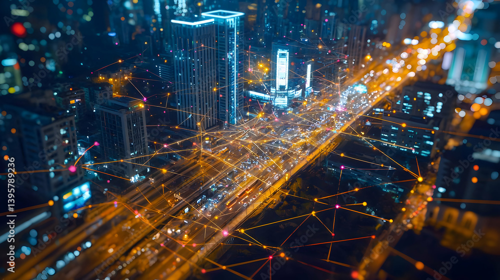 Fototapeta premium Aerial View Of A Busy City Night