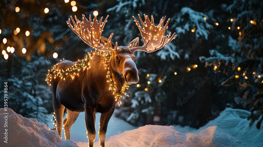 Naklejka premium A decorated moose stands illuminated in a snowy winter forest scene